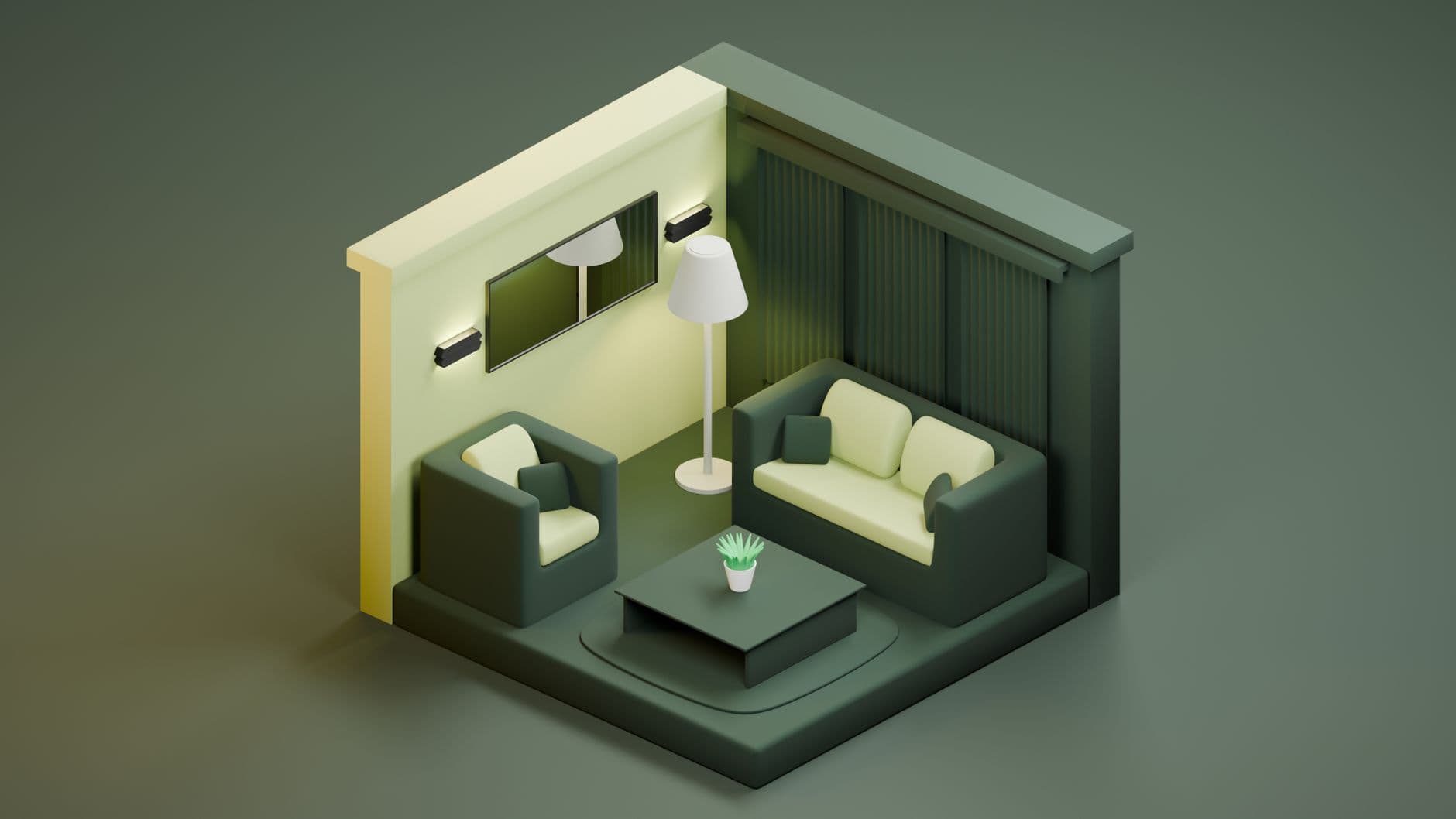 Modern isometric illustration of a cozy living room with green tones.